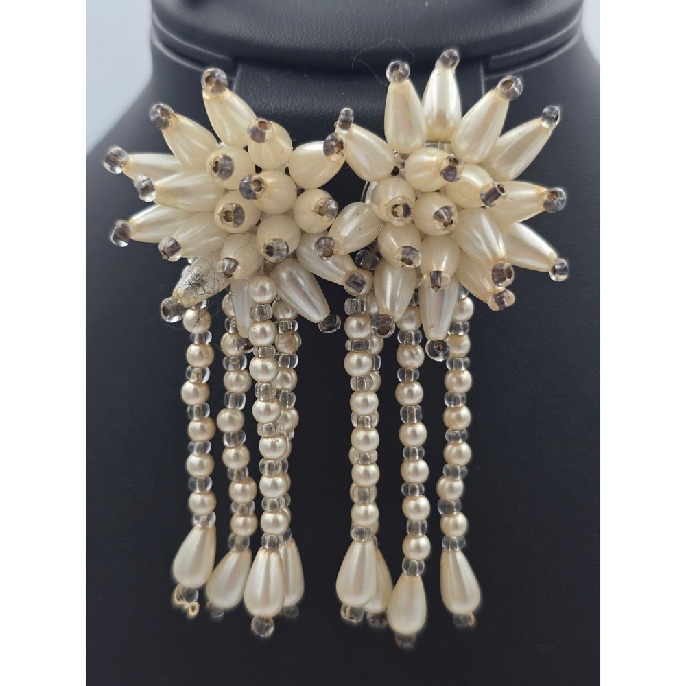 Vintage Cream Pearl Bead Dangle‎ Clip On Earrings Mid Century Style Statement